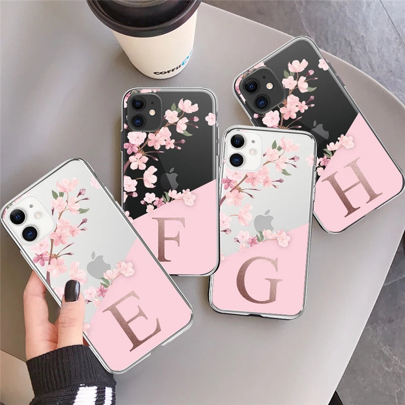 Pink Flowers Initial Letter A To Z Transparent Phone Case
