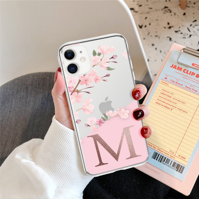 Pink Flowers Initial Letter A To Z Transparent Phone Case