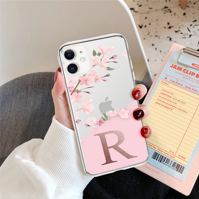 Pink Flowers Initial Letter A To Z Transparent Phone Case
