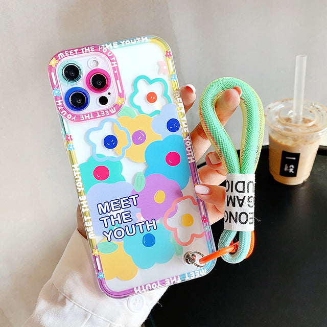 Colorful Flowers Smile Strap Lanyard Phone Case